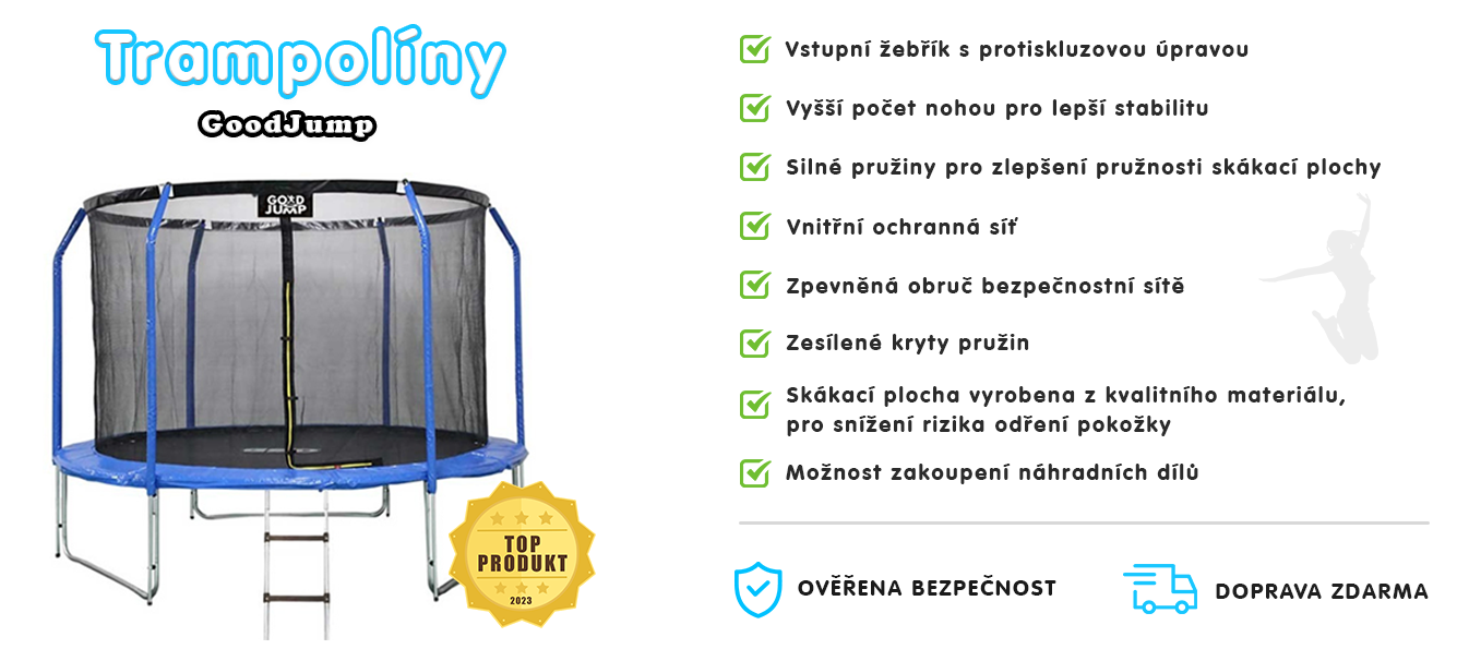 GoodJump 3UPVC modrá trampolína 305 cm s ochrannou sítí + žebřík - Inside